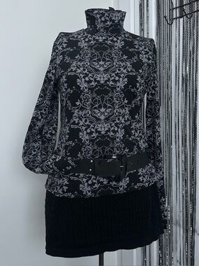 Mexx Black Top with Gray Floral Scroll Print and Turtleneck